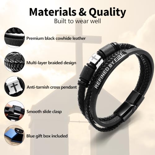 Leather Cross Bracelet for Men, Inspirational Christian Bracelet - color: REFINED BY FIRE