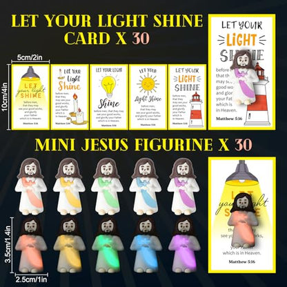 CroBlissful 30 Sets Mini Jesus Figurines Bulk Christian Glow in The Dark with Let Your Light Shine Cards for Christian Sunday School Religious Party Favor Halloween(Holding A Cross) - style: Holding A Cross Style
