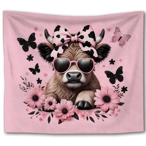 Foritho Pink Floral Butterfly Cow Tapestry, Coquette Pink Bow Cow Trendy Tapestry Wall Hanging, Cute Heifer Aesthetic Wall Tapestries for Girls Room Bedroom Dorm Home Decor, 50x60 Inch - color: Color 11