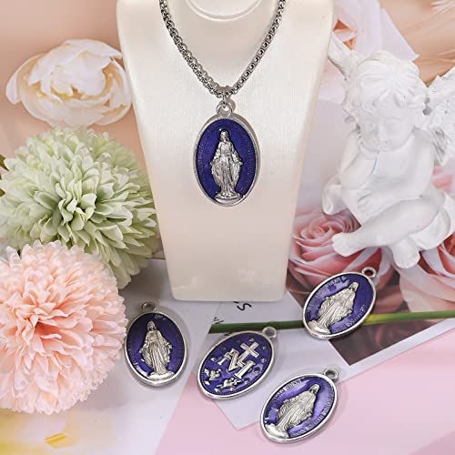 10Pcs Large Catholic Virgin Mary Medals – Alloy Oval Blue Enamel Pendant for DIY Necklace Jewelry Making, Ideal for Men and Women