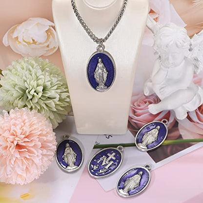10Pcs Large Catholic Virgin Mary Medals – Alloy Oval Blue Enamel Pendant for DIY Necklace Jewelry Making, Ideal for Men and Women