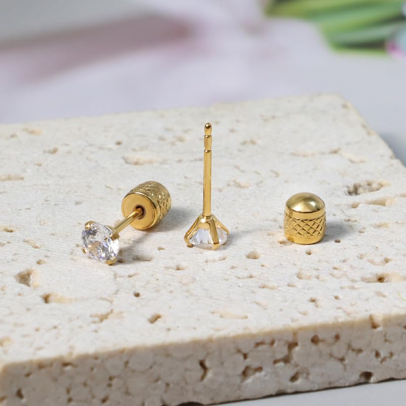 Titanium Earrings Push-in Threadless Flat Back Stud Earrings for Women Men, Cartilage Earring Hypoallergenic Cubic Zirconia Earrings Studs for Helix Tragus Piercing Jewelry - color: Gold-4mm