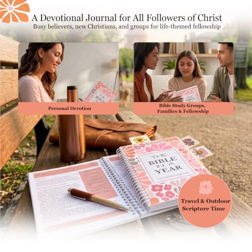 Spiral Bible in a Year 52-Week Bible Study Guide Journal for Women Beginner - color: Pink Floral Bible in a Year (Thematic Devotional)
