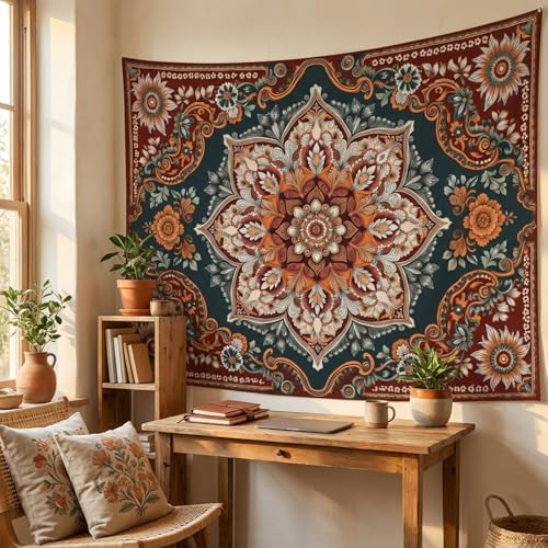 Motanber Vintage Mandala Tapestry Wall Hanging Boho Floral Tapestry Aesthetic Bohemian Flower Hippie Retro Indian Cute Small Tapestries for Bedroom Living Room Dorm Decor 60 x 44 Inch - color: Dark Red Green, size: 60"L x 44"W