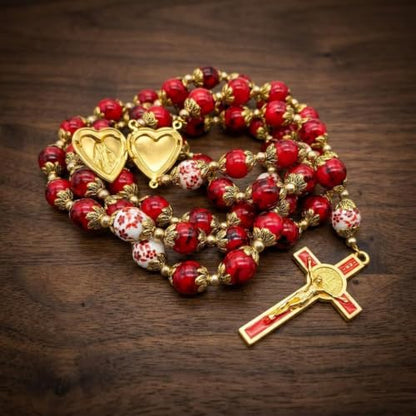 Nazareth Store Saint Benedict 10mm Glass Rosary Beads Catholic Necklace Flowers Mystery Bead Miraculous Medal Locket Cross Prayer Rosarios Catolicos - color: Red