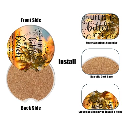 Cup Holders Car Coasters - Sea Beach Palm Tree Absorbent Ceramic Coaster, Drink Cup Holder Coasters, Auto Accessories for Women & Men, Pack of 2 - color: Life is Better at the Beach