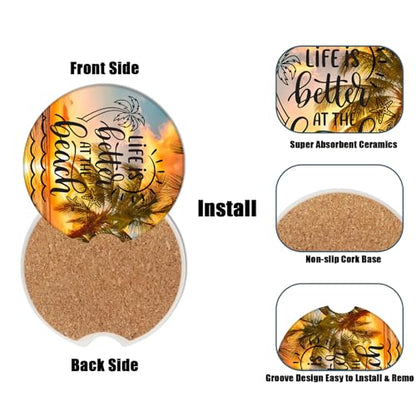 Cup Holders Car Coasters - Sea Beach Palm Tree Absorbent Ceramic Coaster, Drink Cup Holder Coasters, Auto Accessories for Women & Men, Pack of 2 - color: Life is Better at the Beach