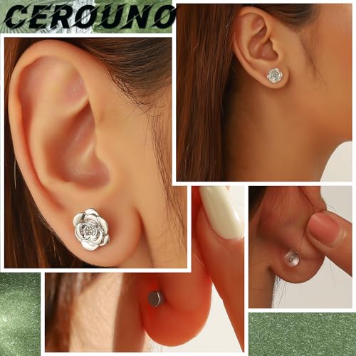 CEROUNO Flat Back Stud Earrings - 925 Sterling Silver Post Flatback Earrings Gold Silver Cubic Zirconia Earrings Studs for Women - color: Silver Flower