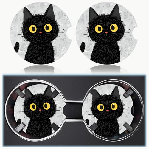 Ceramic Car Cup Holder Coasters Set of 2, 2.56 in Black Cat - color: Black Cat