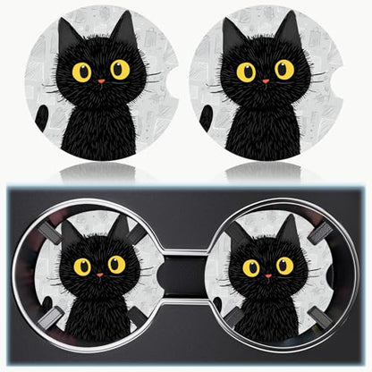 Ceramic Car Cup Holder Coasters Set of 2, 2.56 in Black Cat - color: Black Cat