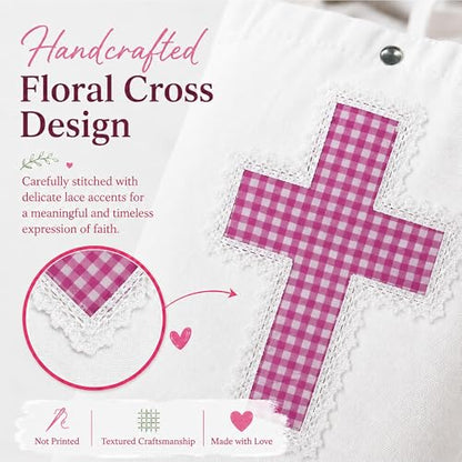 Christian Tote Bag Gift for Women, Canvas Bible Bag Handmade Floral Cross - color: White-pink Gingham