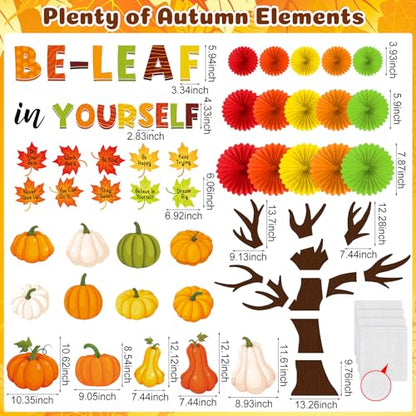 Gersoniel 81 Pcs Fall Thanksgiving Tree Bulletin Board for Classroom Be Leaf in Yourself Thanksgiving Tree Bulletin Board Decorations 3D DIY Paper Fans Pumpkin Cutouts Autumn School Home Wall Decor - style: Fall Leaf