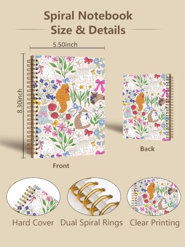 Floral Cat Pattern Spiral Notebook Cat Lover Gift 5.5x8.3 in - color: Floral Cat