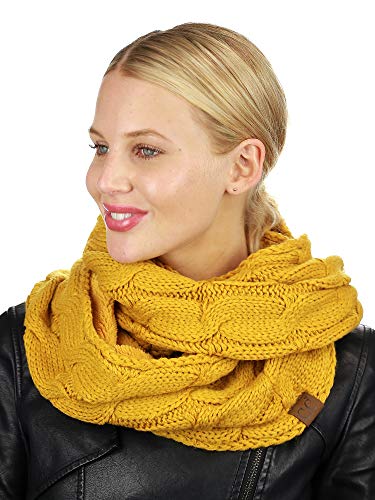 C.C Women's Winter Cable Knit Sherpa Lined Warm Infinity Pullover Scarf - color: Mustard