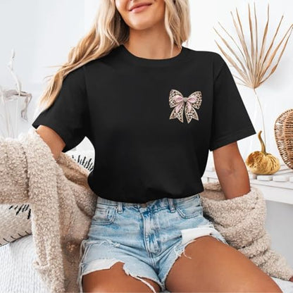 Leopard Bow Shirt Cheetah Bow Shirt Christian Shirts for Women Faith Bible Verse Shirts God Coquette Graphic Tees - color: Black, size: X-Large