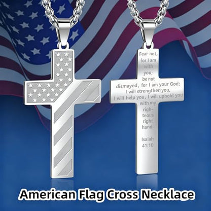 American Flag Cross Necklace for Men, Christian Confirmation Baptism Gifts - color: Silver, style: Isaiah 41:10