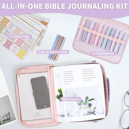 KOPKOFT Bible Cover Case for Women, Large Chenille Letter Leather Bible Case with Bible Study Accessories, Bible Study Supplies Bible Journaling Kit, Christmas Christian Gift for Women Girls (Purple) - color: Purple