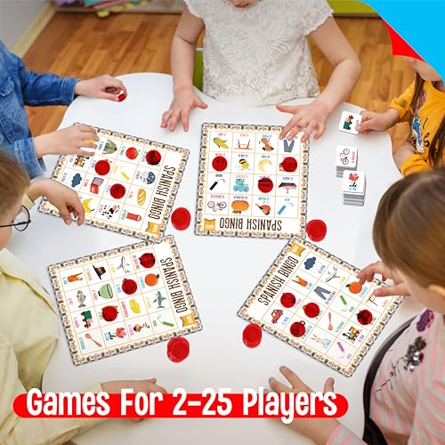SpriteGru Spanish Bingo Game, 25 Bingo Board Spanish & English Vocabulary Word Game Bilingual Educational Toys for Language Learning - Ages 5 and up (Up to 25 Players) - style: 25 Pcs Spanish Bingo Game