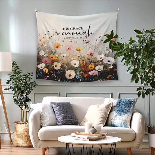 WAITPI Christian Floral Hanging Wall Tapestry for Bedroom, His Grace Is Enough Bible Verse Scripture Wildflowers Flower Wall Hanging Decor Tapestry for Home Living Room Church Office, 50x60in - color: grace, size: 60"L x 50"W