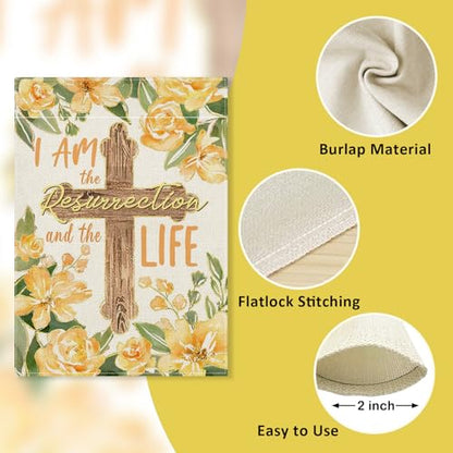 Spring Summer I Am The Resurrection and The Life Decorative Garden - color: Spring Yellow Flower Cross