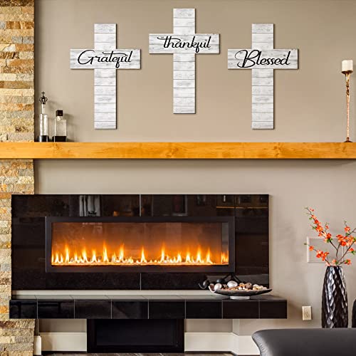Yookeer 3 Pcs Thankful Grateful Blessed Cross Wood Wall Hanging Rustic