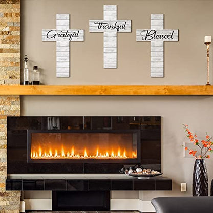 Yookeer 3 Pcs Thankful Grateful Blessed Cross Wood Wall Hanging Rustic