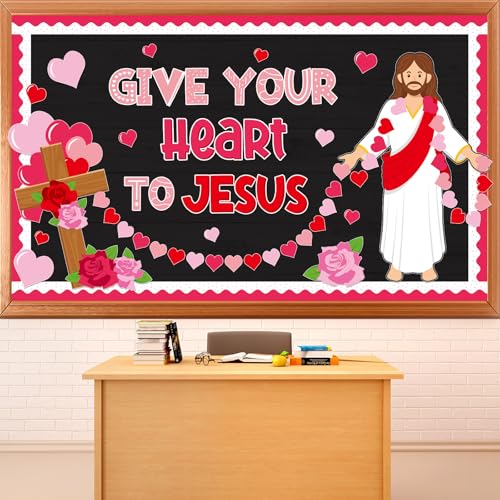 Valentine's Day Jesus Bulletin Board Set Valentines Religious Christian Classroom Decorations Give Your Heart to Jesus Love Heart Rose Cross Paper Cutouts for Sunday School Home Chalkboard Wall Decor - style: Valentines Religious