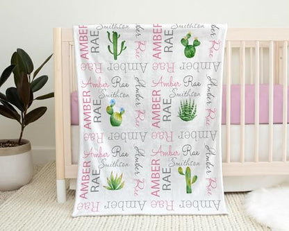 Personalized Blanket for Kids & Adults, Pink Cactus Baby Girl Name Blanket, Custom Desert Newborn Swaddle, Personalized Flannel Blankets Gift, Baptism, Monogram Fleece 30"X40" - color: Cactus Pink Desert