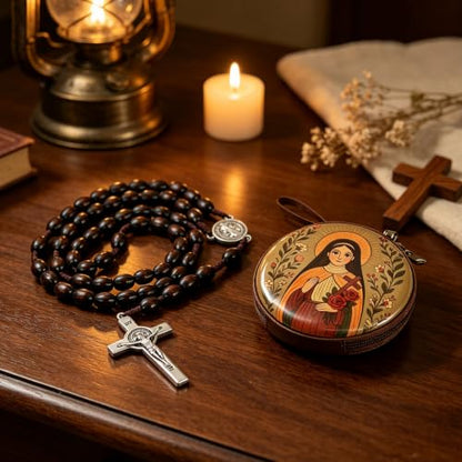 Wooden Catholic Rosary Beads, Rosarios Catolicos with Decorative Prayer Box - color: Brown (4)