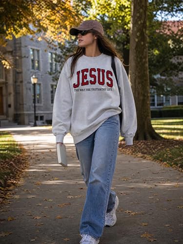 Christian Sweatshirts for Women Jesus Fleece Oversized Pullover Faith God Tops Crewneck Y2K Longsleeve - color: 1-grey, size: Large