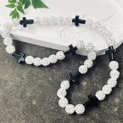 Baseball Bead Cross Necklace for Boys Kids, Elastic Rhinestone Bling Necklace Drip Gifts for Teens Players - color: Black Cross/White