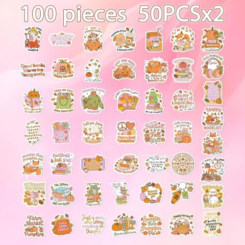 100 Pcs Fall Bookish Stickers for Adult, Vinyl Pumpkin Decals - style: Fall Bookish