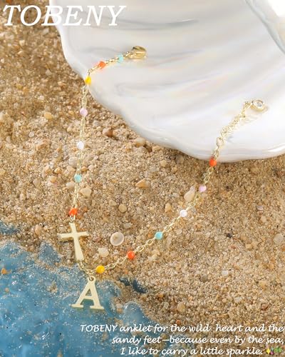 TOBENY Colorful A-Z Initial Cross Gold Ankle Bracelets for Women Waterproof - color: Initial Cross Anklet-E