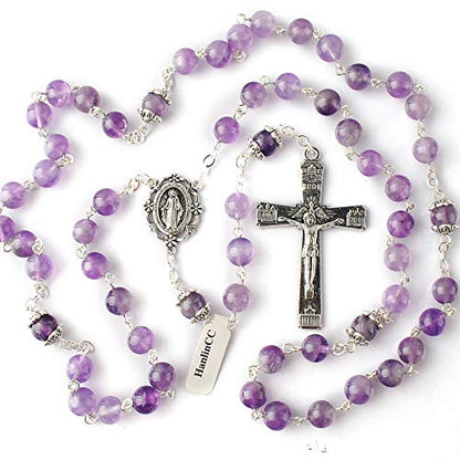 HanlinCC Catholic Rosary Natural Amethyst Stone Beads Necklace for Women