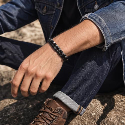 XIANNVXI Mens Tiger's Eye Beads Black Leather Bracelet Gift - color: Gray, Black