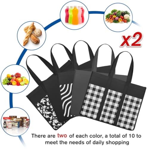 Reusable Grocery Shopping Bags 10 Pack Large Foldable Tote Bags Bulk - color: Plaid: Black,grey