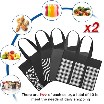Reusable Grocery Shopping Bags 10 Pack Large Foldable Tote Bags Bulk - color: Plaid: Black,grey