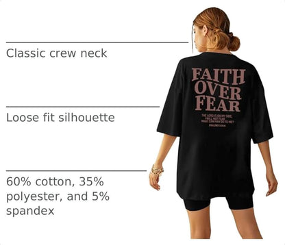 BANGELY Faith Over Fear Shirt Women Graphic Shirts Oversized Workout Gym Christian Religious Tees Drop Shoulder Tee Tops - color: Black, size: XX-Large