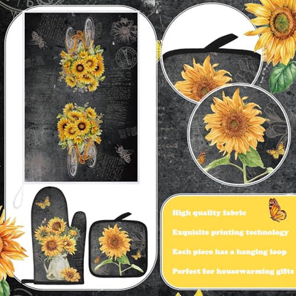 Leinuosen 8 Pcs Black Sunflower Kitchen Towels Dishcloths Accessories Set - color: Black, style: Sunflower