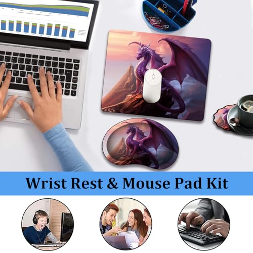 Mouse Pad 9.4"x7.9" + Wrist Support Pad + Embroidered Cup Pad Non-Slip Set, Ergonomic Mouse Wrist Support Pad, Suitable for Office/Gaming/Home Use, Purple Dragon Book - color: Purple Dragon Book