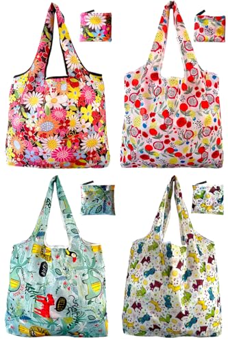 Aesthetic Printed Tote Bags, Lightweight Foldable Reusable Carry Bags - color: Pitaya 4 Pack