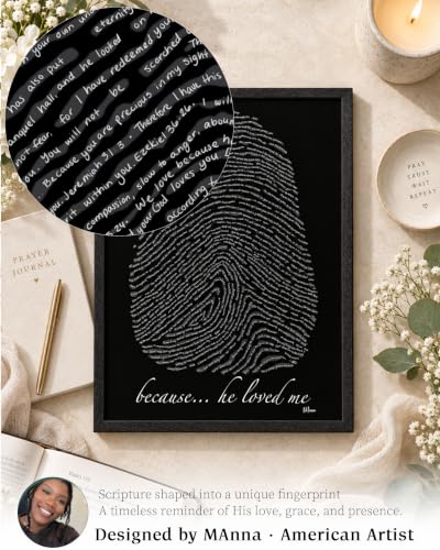 iHery 12x16in Because He Loved Me Fingerprint Bible Verse Framed Wall Art - color: Black Frame Black Art, size: 16"L x 12"W