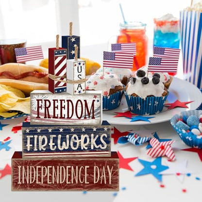Britimes Tiered Tray Decor Set, 4 Pack, Wooden, 4th of July - style: Fireworks Independence Day