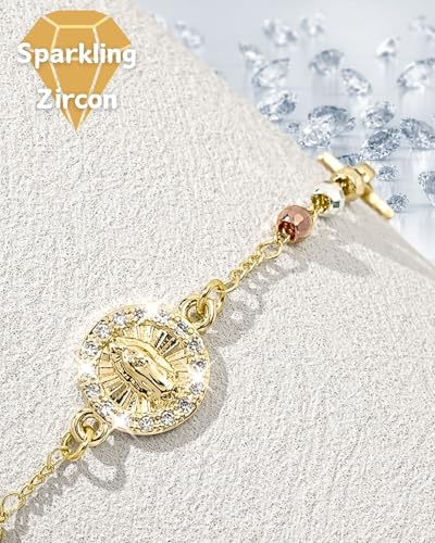 J&H DiaJuvelo Catholic Rosary Bracelet for Women 14K Gold Virgin Mary Rosarios Jesus Cross Charm Link Chain Virgen de Guadalupe Religious Jewelry Gifts for Confirmation Baptism First Communion - style: Gold Rosary E