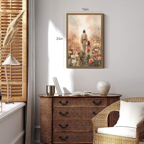 Snlihc Wood Framed Jesus with Little Girl Walk Nursery Wall Art 12x16 in - color: Girl(Wood), size: 16"L x 12"W