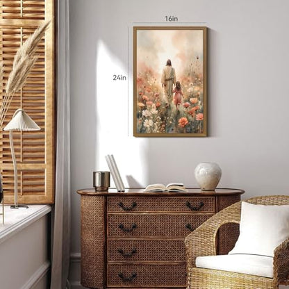 Snlihc Wood Framed Jesus with Little Girl Walk Nursery Wall Art 12x16 in - color: Girl(Wood), size: 16"L x 12"W