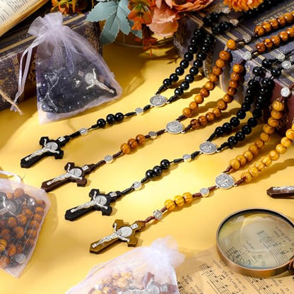 Equsion 24 Set Wooden Rosary Necklace Catholic Jesus Cross - color: Multicolor