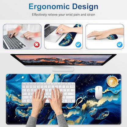 Desk Mat Pad, Gaming Mouse Pad Wrist Support Set, 4 in1 Non-Slip XXL Large Mousepad + Ergonomic Keyboard Wrist Rest+Mouse Wrist Rest+Coaster for Home Office Computer I Blue Gold Marble - color: Blue Gold Marble