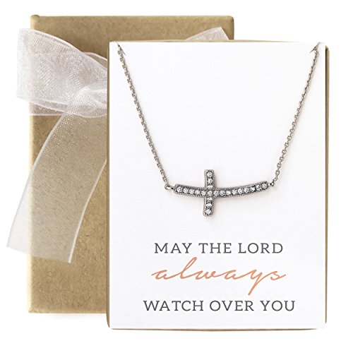 A+O Sideways Cross Necklace, Religious Gift in Silver, Rose Gold or Gold