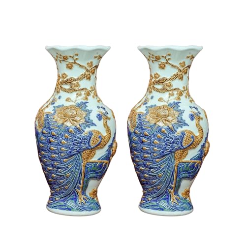 HERITAGE T&T Peach Flower Altar Vase Pair – Bat Trang Handmade Ceramic – Buddhist Altar Flower Vase Set – Traditional Asian Home Decor – 1 Pair (2 Vases) - Blue & Yellow Glaze - 30 cm (11.8 in) - color: Blue & Yellow Glaze